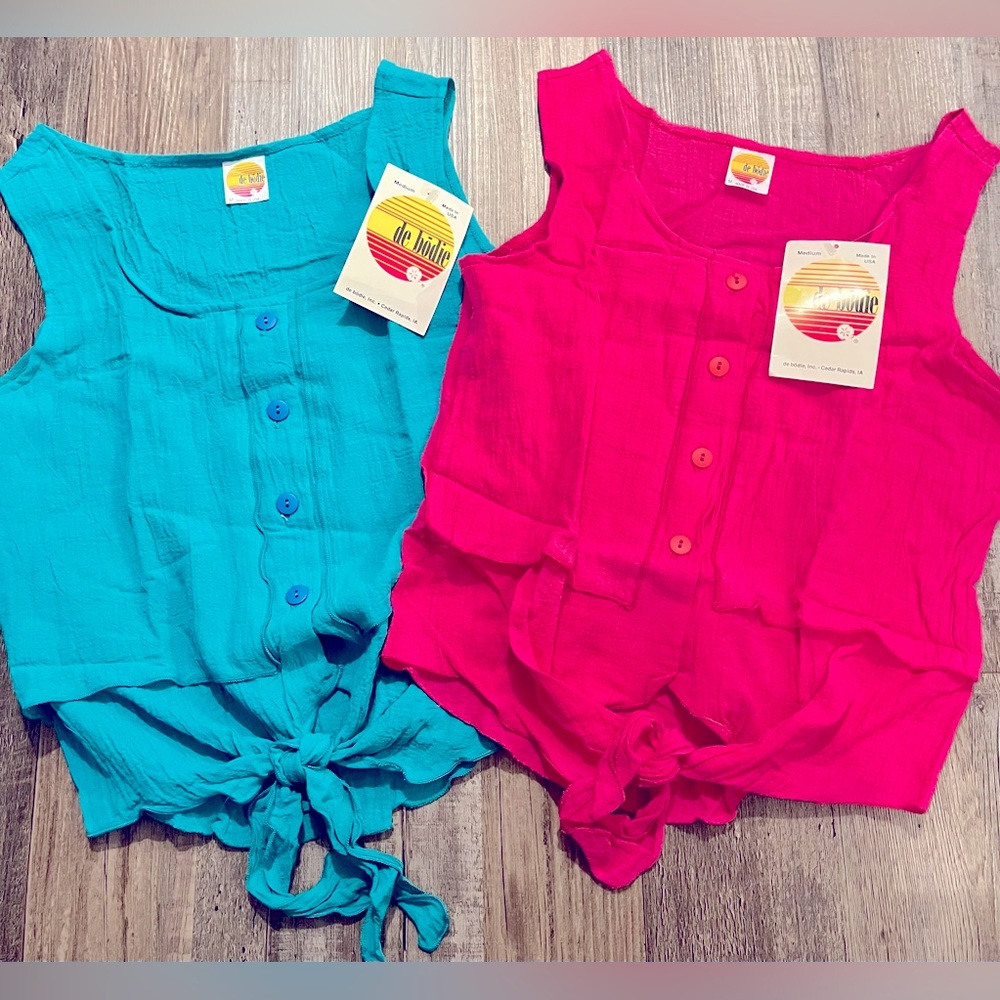 Beach Tank Top Set Women’s Size M DeBodie Surf Shop Crop Tie Front PINK & TEAL